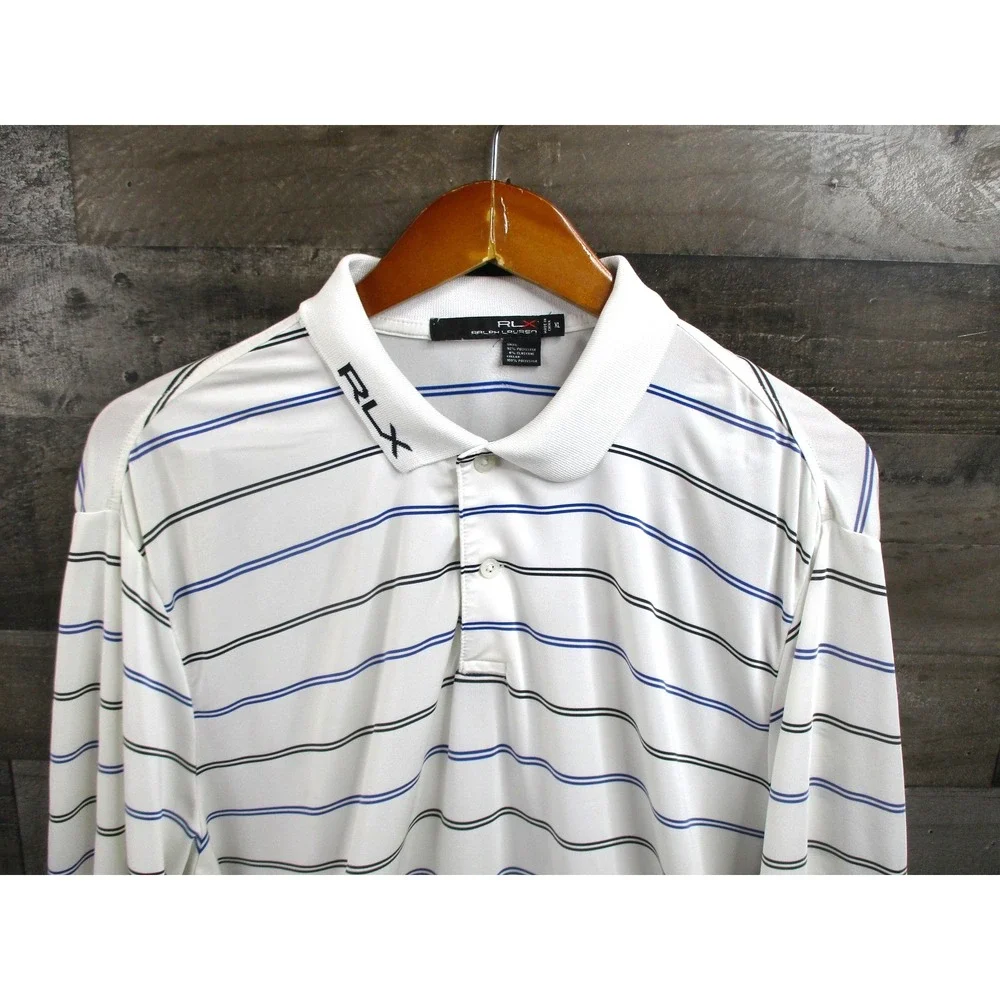 Ralph Lauren RLX Polo Shirt Mens XL White Blue Black Striped Golf Performance